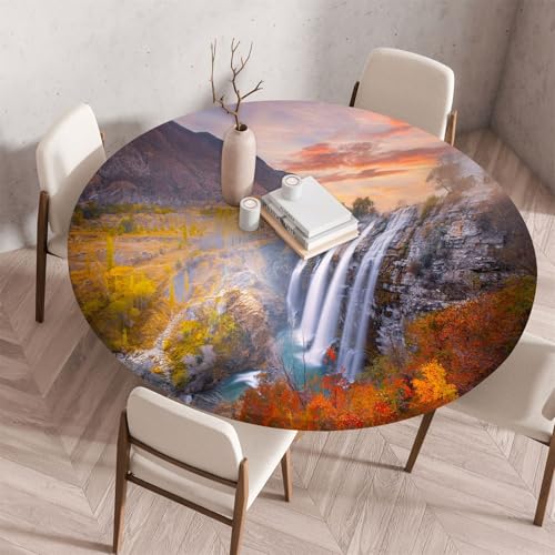 Highdi 3D Elastische Tischdecke Rund Abwaschbar, Spanntischdecke Rund Gartentischdecke Outdoor Round Tischdecke mit Gummizug für Esszimmer Küche Picknick (60cm,Bewölkt Neblig 5) von Highdi