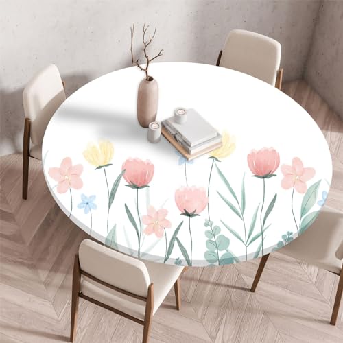 Highdi 3D Elastische Tischdecke Rund wasserdichte, Tischdecke Outdoor Round Blümchenmuster Spanntischdecke mit Gummizug für Esszimmer, Küche und Picknick (100cm,Tulpen) von Highdi