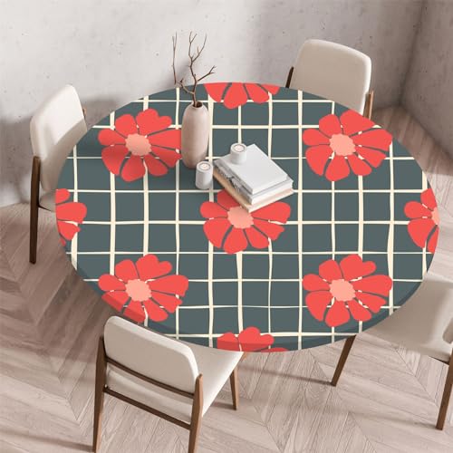 Highdi 3D Elastische Tischdecke Rund wasserdichte, Tischdecke Outdoor Round Blümchenmuster Spanntischdecke mit Gummizug für Esszimmer, Küche und Picknick (80cm,Rote Blumen) von Highdi