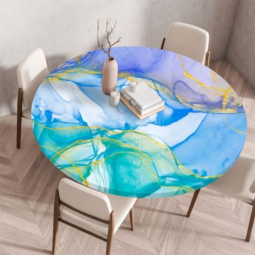 Highdi 3D Marmordruck Elastische Tischdecke Rund Abwaschbar, Spanntischdecke Rund Gartentischdecke Outdoor Round Tischdecke mit Gummizug für Esszimmer, Küche und Picknick (60cm,15) von Highdi