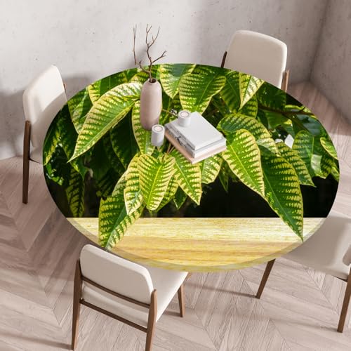 Highdi Elastische Tischdecke Rund Abwaschbar, 3D-Druck Spanntischdecke Rund Gartentischdecke Outdoor Round Tischdecke mit Gummizug für Feiertage Versammlung (Blattholz,80cm) von Highdi