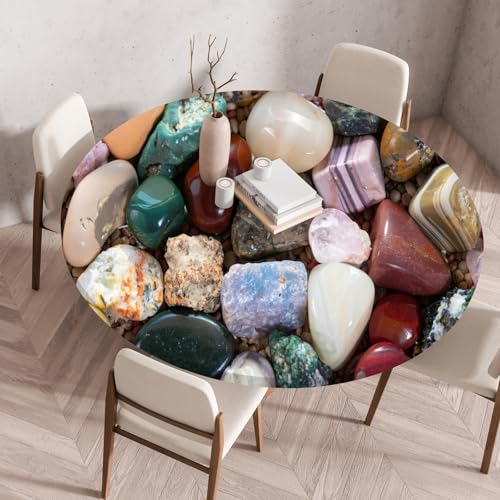 Highdi Elastische Tischdecke Rund Abwaschbar, 3D-Druck Spanntischdecke Rund Gartentischdecke Outdoor Round Tischdecke mit Gummizug für Feiertage Versammlung (Farbiger Kieselstein 3,150cm) von Highdi