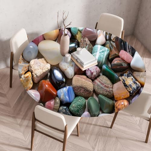 Highdi Elastische Tischdecke Rund Abwaschbar, 3D-Druck Spanntischdecke Rund Gartentischdecke Outdoor Round Tischdecke mit Gummizug für Feiertage Versammlung (Farbiger Kieselstein 5,110cm) von Highdi