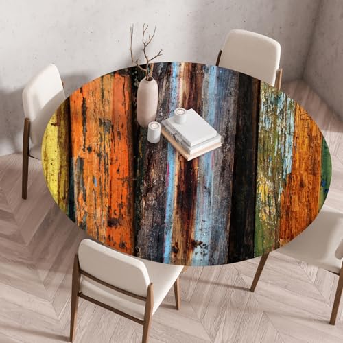 Highdi Elastische Tischdecke Rund Abwaschbar, 3D-Druck Spanntischdecke Rund Gartentischdecke Outdoor Round Tischdecke mit Gummizug für Feiertage Versammlung (Farbiges Holz 1,150cm) von Highdi