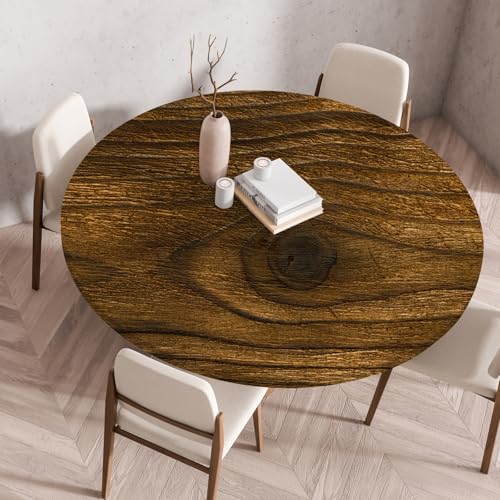 Highdi Elastische Tischdecke Rund Abwaschbar, 3D-Druck Spanntischdecke Rund Gartentischdecke Outdoor Round Tischdecke mit Gummizug für Feiertage Versammlung (Farbiges Holz 2,60cm) von Highdi