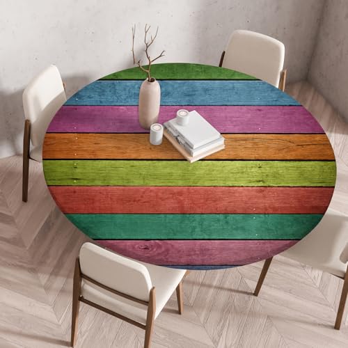 Highdi Elastische Tischdecke Rund Abwaschbar, 3D-Druck Spanntischdecke Rund Gartentischdecke Outdoor Round Tischdecke mit Gummizug für Feiertage Versammlung (Farbiges Holz 3,120cm) von Highdi