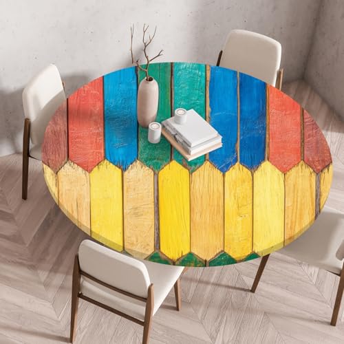 Highdi Elastische Tischdecke Rund Abwaschbar, 3D-Druck Spanntischdecke Rund Gartentischdecke Outdoor Round Tischdecke mit Gummizug für Feiertage Versammlung (Farbiges Holz 4,60cm) von Highdi