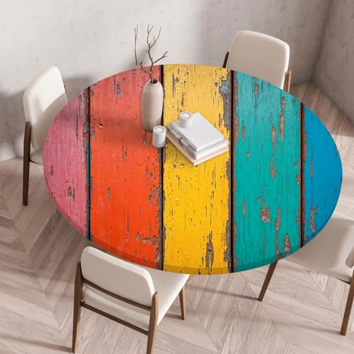 Highdi Elastische Tischdecke Rund Abwaschbar, 3D-Druck Spanntischdecke Rund Gartentischdecke Outdoor Round Tischdecke mit Gummizug für Feiertage Versammlung (Farbstreifen 3,150cm) von Highdi