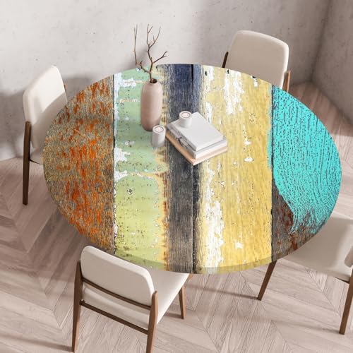 Highdi Elastische Tischdecke Rund Abwaschbar, 3D-Druck Spanntischdecke Rund Gartentischdecke Outdoor Round Tischdecke mit Gummizug für Feiertage Versammlung (Farbstreifen 4,130cm) von Highdi