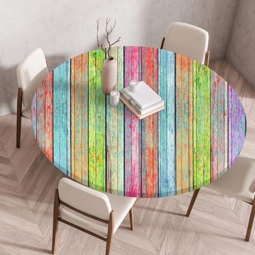 Highdi Elastische Tischdecke Rund Abwaschbar, 3D-Druck Spanntischdecke Rund Gartentischdecke Outdoor Round Tischdecke mit Gummizug für Feiertage Versammlung (Farbstreifen 6,70cm) von Highdi