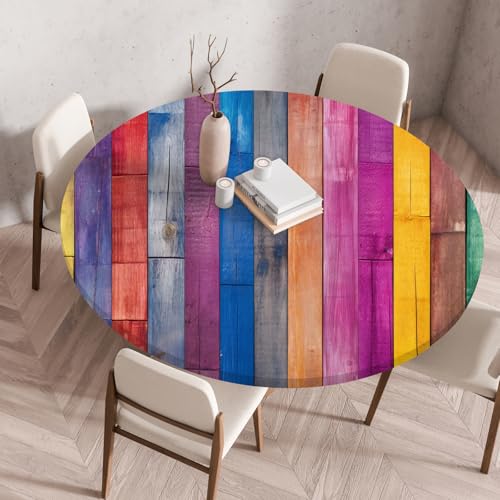 Highdi Elastische Tischdecke Rund Abwaschbar, 3D-Druck Spanntischdecke Rund Gartentischdecke Outdoor Round Tischdecke mit Gummizug für Feiertage Versammlung (Farbstreifen 8,80cm) von Highdi