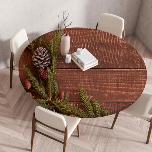 Highdi Elastische Tischdecke Rund Abwaschbar, 3D-Druck Spanntischdecke Rund Gartentischdecke Outdoor Round Tischdecke mit Gummizug für Feiertage Versammlung (Holzblatt 6,60cm) von Highdi