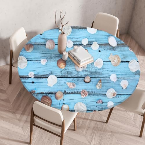 Highdi Elastische Tischdecke Rund Abwaschbar, 3D-Druck Spanntischdecke Rund Gartentischdecke Outdoor Round Tischdecke mit Gummizug für Feiertage Versammlung (Holzmaserungsmuschel 1,60cm) von Highdi