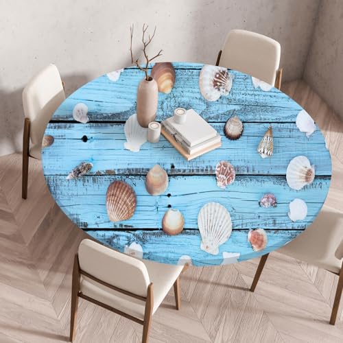 Highdi Elastische Tischdecke Rund Abwaschbar, 3D-Druck Spanntischdecke Rund Gartentischdecke Outdoor Round Tischdecke mit Gummizug für Feiertage Versammlung (Holzmaserungsmuschel 2,70cm) von Highdi