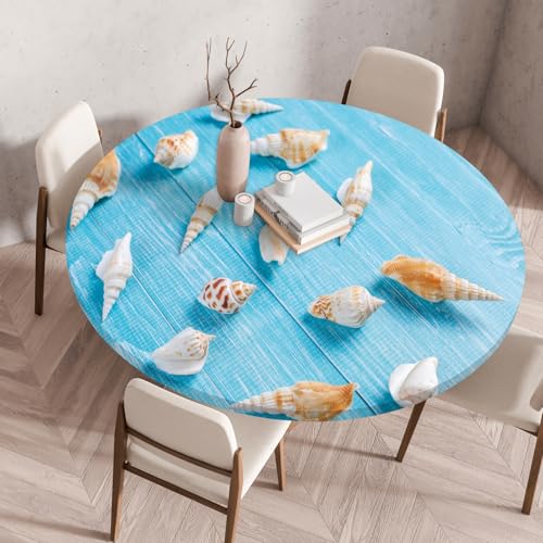 Highdi Elastische Tischdecke Rund Abwaschbar, 3D-Druck Spanntischdecke Rund Gartentischdecke Outdoor Round Tischdecke mit Gummizug für Feiertage Versammlung (Holzmaserungsmuschel 3,110cm) von Highdi