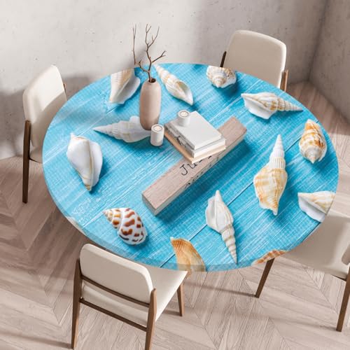 Highdi Elastische Tischdecke Rund Abwaschbar, 3D-Druck Spanntischdecke Rund Gartentischdecke Outdoor Round Tischdecke mit Gummizug für Feiertage Versammlung (Holzmaserungsmuschel 4,90cm) von Highdi