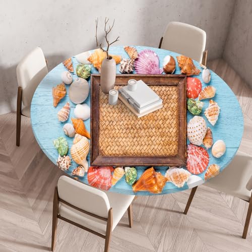 Highdi Elastische Tischdecke Rund Abwaschbar, 3D-Druck Spanntischdecke Rund Gartentischdecke Outdoor Round Tischdecke mit Gummizug für Feiertage Versammlung (Holzmaserungsmuschel 6,60cm) von Highdi