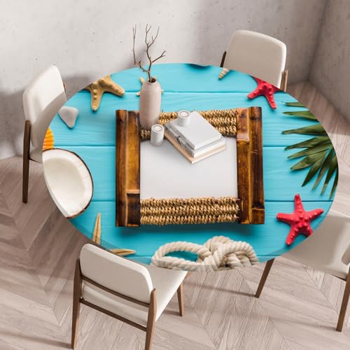 Highdi Elastische Tischdecke Rund Abwaschbar, 3D-Druck Spanntischdecke Rund Gartentischdecke Outdoor Round Tischdecke mit Gummizug für Feiertage Versammlung (Holzmaserungsmuschel 7,110cm) von Highdi