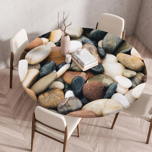 Highdi Elastische Tischdecke Rund Abwaschbar, 3D-Druck Spanntischdecke Rund Gartentischdecke Outdoor Round Tischdecke mit Gummizug für Feiertage Versammlung (Kieselstein 4,130cm) von Highdi