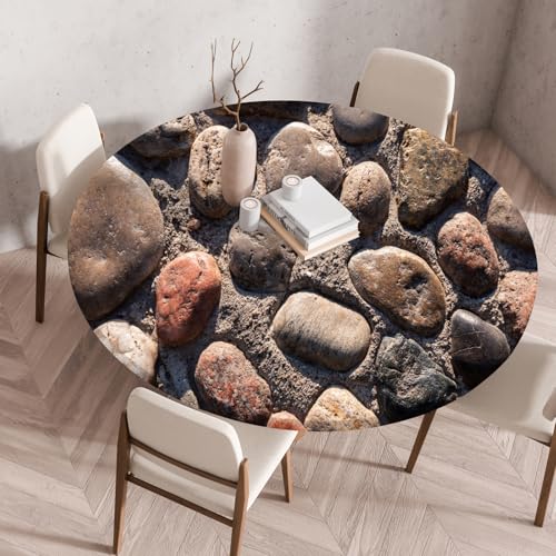 Highdi Elastische Tischdecke Rund Abwaschbar, 3D-Druck Spanntischdecke Rund Gartentischdecke Outdoor Round Tischdecke mit Gummizug für Feiertage Versammlung (Kieselstein 4,90cm) von Highdi