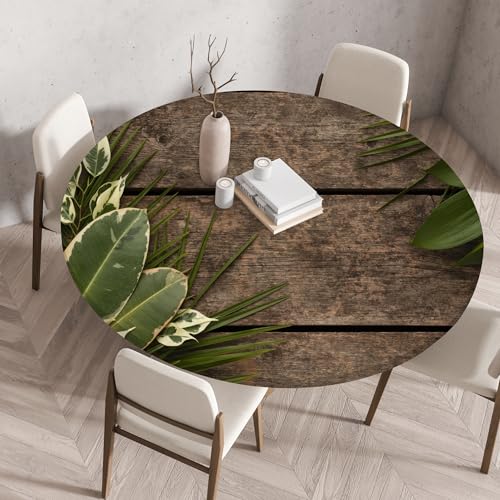 Highdi Elastische Tischdecke Rund Abwaschbar, 3D-Druck Spanntischdecke Rund Gartentischdecke Outdoor Round Tischdecke mit Gummizug für Feiertage Versammlung (Laubholz 2,70cm) von Highdi