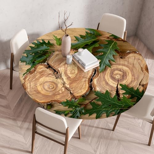 Highdi Elastische Tischdecke Rund Abwaschbar, 3D-Druck Spanntischdecke Rund Gartentischdecke Outdoor Round Tischdecke mit Gummizug für Feiertage Versammlung (Laubholz 7,80cm) von Highdi