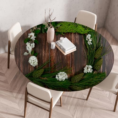 Highdi Elastische Tischdecke Rund Abwaschbar, 3D-Druck Spanntischdecke Rund Gartentischdecke Outdoor Round Tischdecke mit Gummizug für Feiertage Versammlung (Laubholz 8,70cm) von Highdi