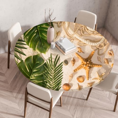 Highdi Elastische Tischdecke Rund Abwaschbar, 3D-Druck Spanntischdecke Rund Gartentischdecke Outdoor Round Tischdecke mit Gummizug für Feiertage Versammlung (Seesternblätter,60cm) von Highdi
