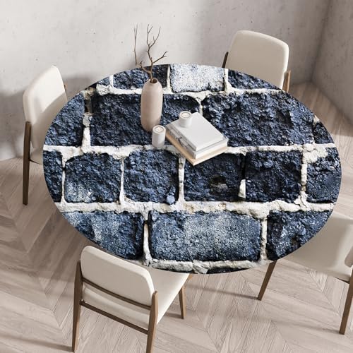 Highdi Elastische Tischdecke Rund Abwaschbar, 3D-Druck Spanntischdecke Rund Gartentischdecke Outdoor Round Tischdecke mit Gummizug für Feiertage Versammlung (Steinmauer 1,60cm) von Highdi