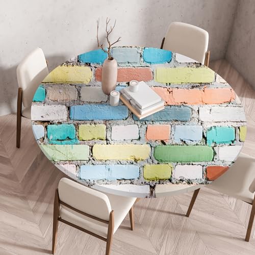 Highdi Elastische Tischdecke Rund Abwaschbar, 3D-Druck Spanntischdecke Rund Gartentischdecke Outdoor Round Tischdecke mit Gummizug für Feiertage Versammlung (Steinmauer 3,60cm) von Highdi