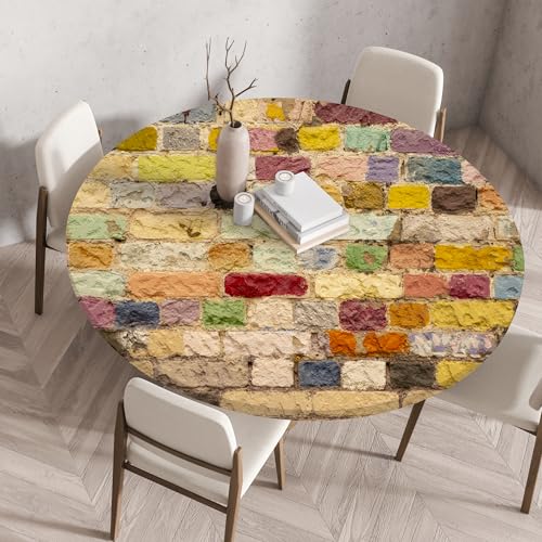 Highdi Elastische Tischdecke Rund Abwaschbar, 3D-Druck Spanntischdecke Rund Gartentischdecke Outdoor Round Tischdecke mit Gummizug für Feiertage Versammlung (Steinmauer 6,60cm) von Highdi
