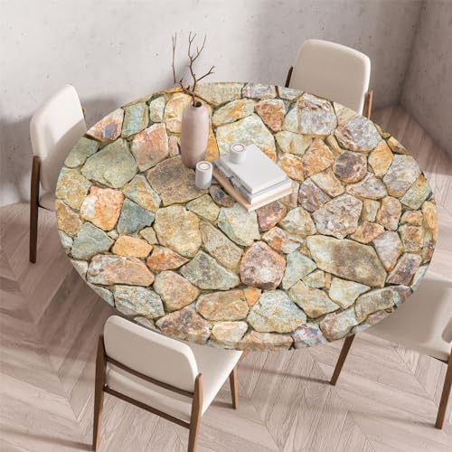 Highdi Elastische Tischdecke Rund Abwaschbar, 3D Spanntischdecke Rund Gartentischdecke Outdoor Round Tischdecke mit Gummizug für Esszimmer, Küche und Picknick (Stein 6,60cm) von Highdi
