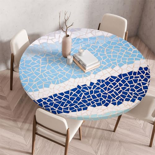 Highdi Elastische Tischdecke Rund Abwaschbar, 3D Spanntischdecke Rund Gartentischdecke Outdoor Round Tischdecke mit Gummizug für Esszimmer, Küche und Picknick (Stein 8,60cm) von Highdi