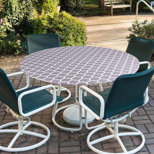 Highdi Elastische Tischdecke Rund Abwaschbar, PVC Spanntischdecke Rund Gartentischdecke Outdoor Round Tischdecke mit Gummizug für Esszimmer, Küche und Picknick (Grau Marokko,48in R(90-110cm)) von Highdi