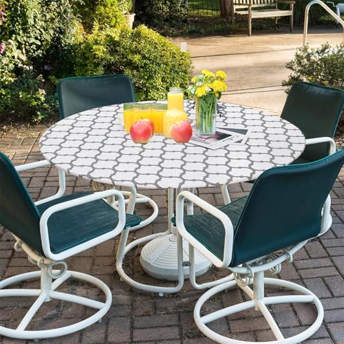 Highdi Elastische Tischdecke Rund Abwaschbar, PVC Spanntischdecke Rund Gartentischdecke Outdoor Round Tischdecke mit Gummizug für Esszimmer, Küche und Picknick (Weiß Marokko,48in R(90-110cm)) von Highdi