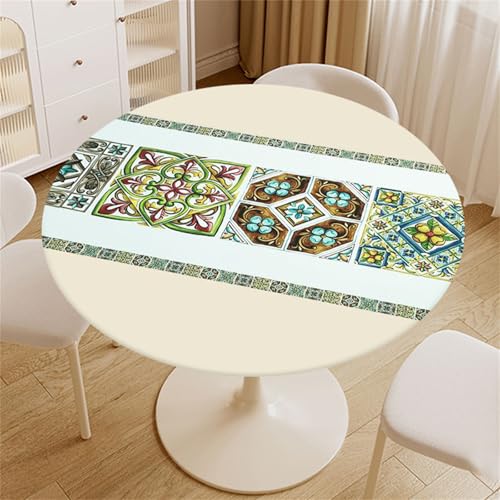 Highdi Elastische Tischdecke Rund Abwaschbar, PVC Spanntischdecke Rund Gartentischdecke Outdoor Round Tischdecke mit Gummizug für Feiertage Versammlung (Kaleidoskop,120cm) von Highdi