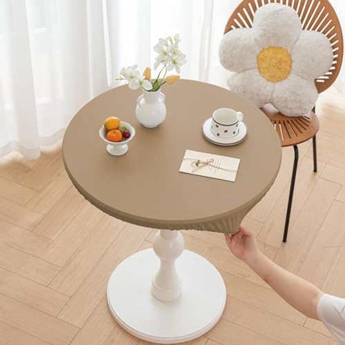 Highdi Elastische Tischdecke Rund Abwaschbar, Spanntischdecke Rund Gartentischdecke Outdoor Round Tischdecke mit Gummizug für Esszimmer, Küche und Picknick (ф110cm,Khaki) von Highdi