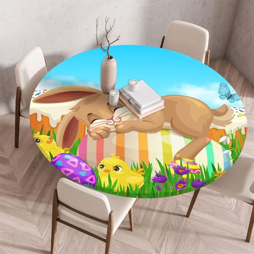 Highdi Ostern Elastische Tischdecke Rund Abwaschbar, Spanntischdecke Rund Gartentischdecke Outdoor Round Tischdecke mit Gummizug für Feiertage Versammlung (60cm,Braunes Kaninchen) von Highdi