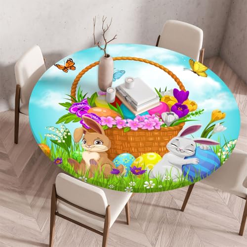 Highdi Ostern Elastische Tischdecke Rund Abwaschbar, Spanntischdecke Rund Gartentischdecke Outdoor Round Tischdecke mit Gummizug für Feiertage Versammlung (70cm,Glockenspiel) von Highdi