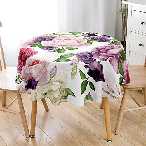 Highdi Rund Tischdecke Abwaschbar 3D Pfingstroseblume Tischdecken Wasserdicht Antifouling Pflegeleicht Lotuseffekt Tischtuch für Home Küche Dekoration Garten (Durchmesser 100cm,Lila Blume) von Highdi