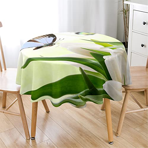 Highdi Rund Tischdecke Abwaschbar Tulpe Blumen Tischdecken Wasserdicht Antifouling Pflegeleicht Lotuseffekt Tischtuch für Home Küche Dekoration Garten (Durchmesser 140cm,Blauer Schmetterling) von Highdi