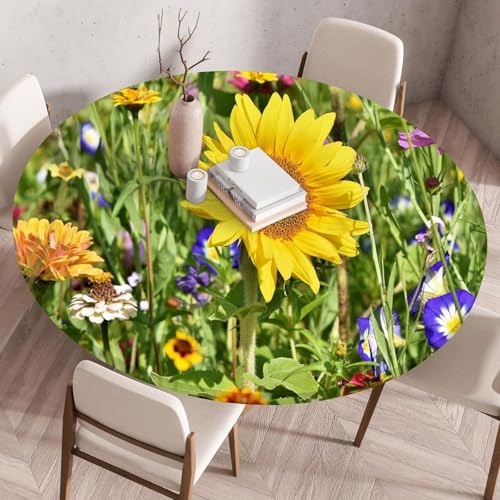 Highdi Tischdecke Abwaschbar Rund 70cm,Elastisch 3D Sonnenblume Tischdecke Outdoor Lotuseffekt Tischdecken Gartentischdecke Cloth für Restaurant, Ideal für 60cm-65cm von Highdi
