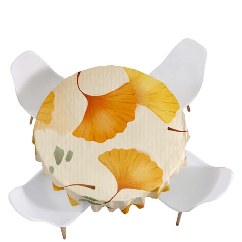 Highdi Tischdecke Rund Antifouling Pflegeleicht Abwaschbar Ginkgoblatt 3D Modell Polyester Tischdeckefür Home Küche Dekoration, Verschiedene Größen (Beige,Durchmesser 180cm) von Highdi