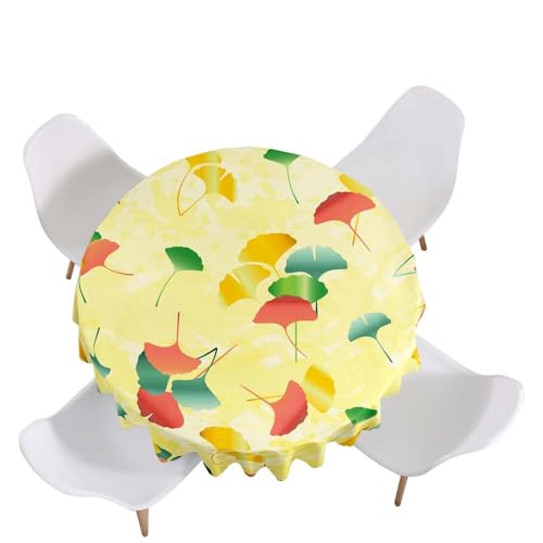 Highdi Tischdecke Rund Antifouling Pflegeleicht Abwaschbar Ginkgoblatt 3D Modell Polyester Tischdeckefür Home Küche Dekoration, Verschiedene Größen (Hellgelb,Durchmesser 140cm) von Highdi