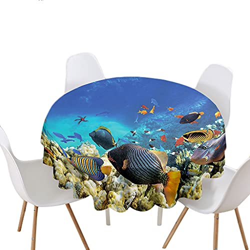 Highdi Tischdecke Rund Lotuseffekt, 3D Ozean Druck Wasserdicht Antifouling Pflegeleicht Abwaschbar Polyester Tischdecke für Home Küche Dekoration (Durchmesser 150cm,Fisch) von Highdi