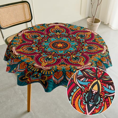 Highdi Tischdecke Abwaschbar Rund 110cm, Outdoor Tischdecken Wasserabweisend Lotuseffekt Mandala Table Cloth Modern tischdecke für Garten Restaurant, Ideal für 50cm-70cm von Highdi