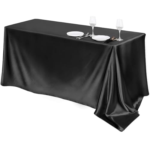 Highdi Tischdecke Satin Stoff, Abwaschbare Tischdecke Rechteckig Outdoor Tischdecke Party für Hochzeiten Hotels Bankette und Feiertage Dekoration (145x220CM,Schwarz) von Highdi