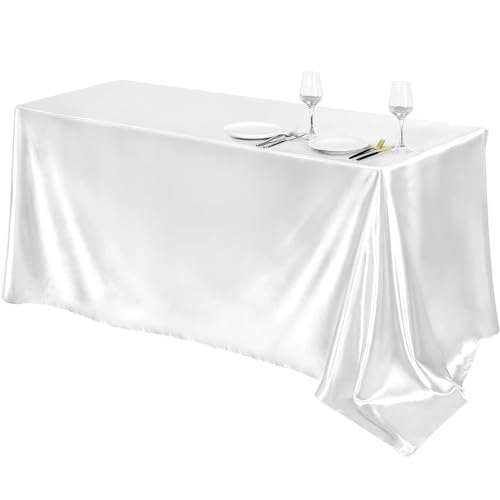 Highdi Tischdecke Satin Stoff, Abwaschbare Tischdecke Rechteckig Outdoor Tischdecke Party für Hochzeiten Hotels Bankette und Feiertage Dekoration (152x305CM,Weiß) von Highdi