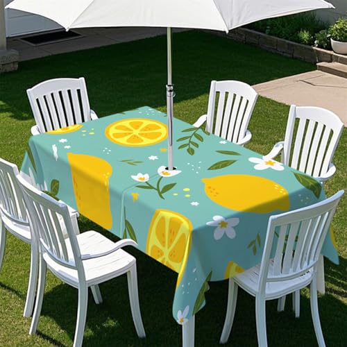 Highdi Tischdecke mit Loch in der Mitte, Abwaschbar Rechteckig Tischdecke mit Schirmloch Outdoor Tischdecke mit Reißverschluss Gartentischdecke für Sonnenschirm (Goldene Zitrone 10,213x152cm) von Highdi