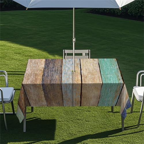 Highdi Tischdecke mit Loch in der Mitte, Abwaschbar Rechteckig Tischdecke mit Schirmloch Outdoor Tischdecke mit Reißverschluss Gartentischdecke für Sonnenschirm (Vintage Holz 10,259x152cm) von Highdi